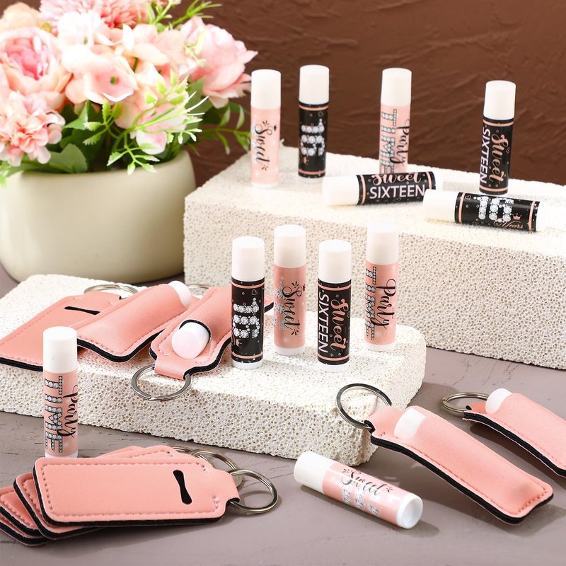 Heigble 20 Sets Sweet 16 Party Favors Pink and Black Lipstick Bulk with Lip Balm Holder Keychain Lip Balm Lipstick Sleeve for Teen 16th Birthday Decorations Guest Gifts Supplies