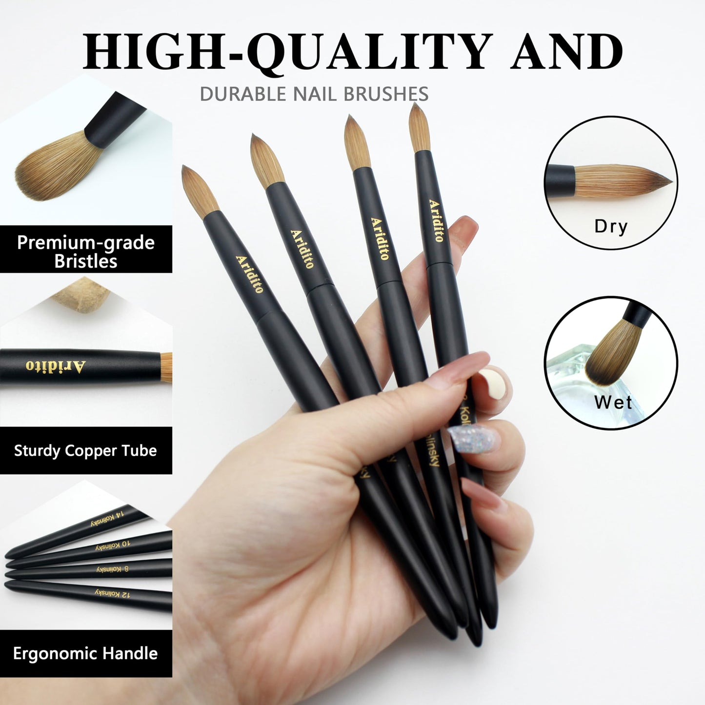 Aridito Kolinsky Round Head Acrylic Nail Art Brush Set, 12#