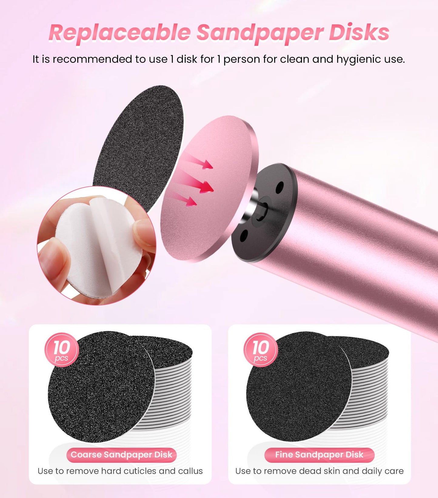 JOMLEY Electric Foot Callus Remover, 6 Speeds 2-in-1 Rechargeable Electric Foot File & Nail Grinder, Callus Remover for Feet Pedicure Tools with Sandpaper Disc for Dead Skin - Pink
