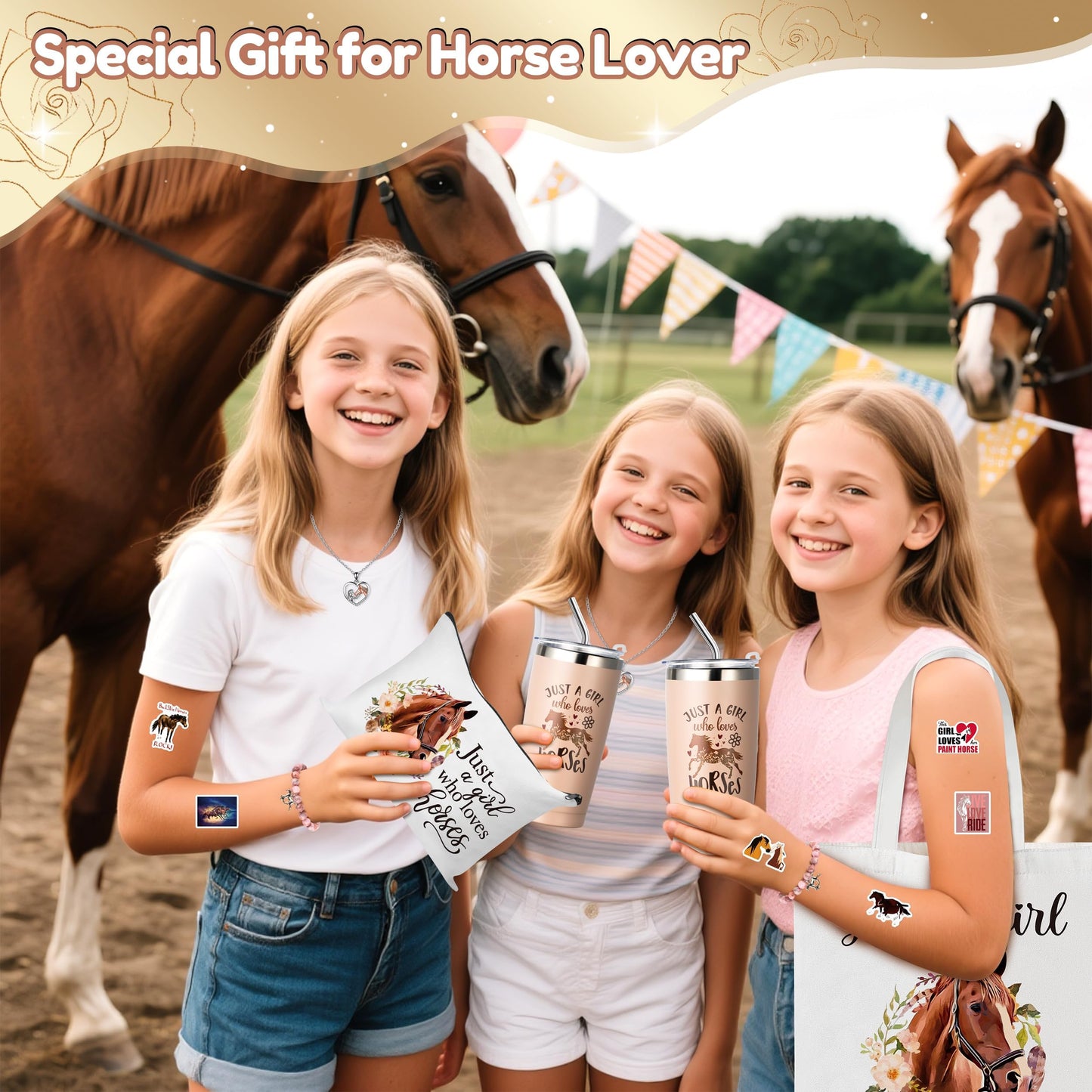 Y1tvei Horse Gift Set for Women Girls- 61pcs Just A Girl Who Loves Horses Tote Bag with Cosmetic Bag, Tumbler with Straw, Keychain Pink Bracelet Necklace Socks Sticker Set for Lover Friends Birthday