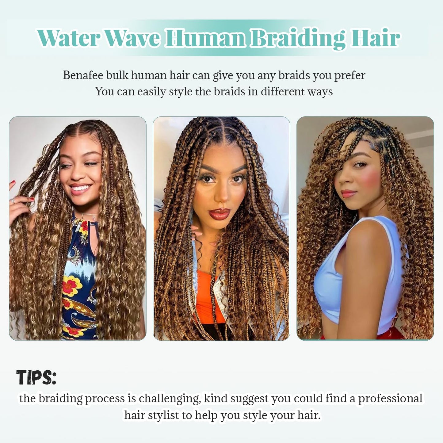 Human Braiding Hair for Boho Braids Deep Water Wave Bulk Human Hair for Braiding Curly Wet and Wavy 4/27 Brown with Honey Blonde Highlight Twist Hair Braiding 14 Inch No Weft 2 Bundles 100G