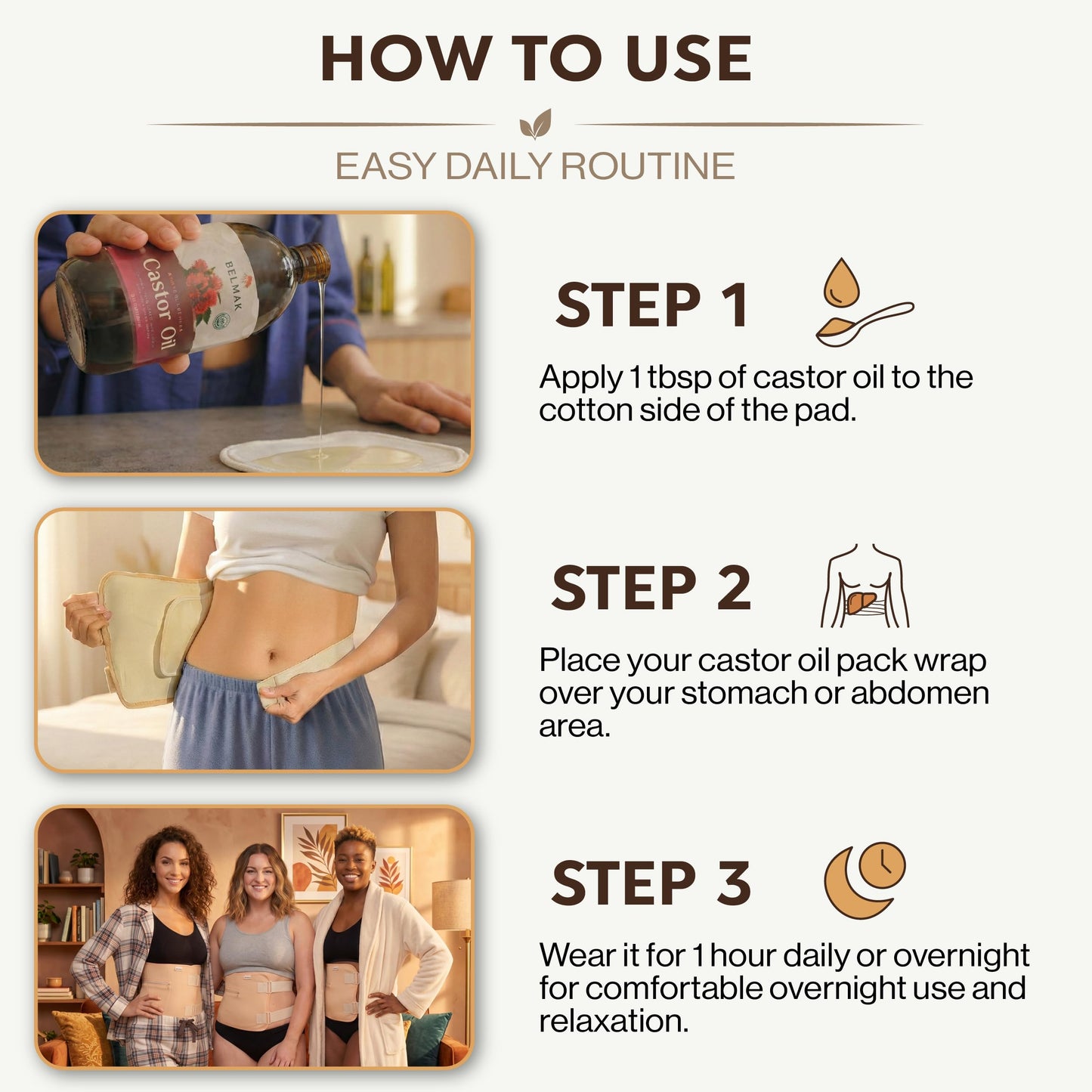 BELMAK Castor Oil Pack Wrap for Stomach, 100% Organic Cotton Inner Layer, Leak-Proof Design, Castor Oil Compress Wrap Reusable Castor Oil Pack Wrap for Women