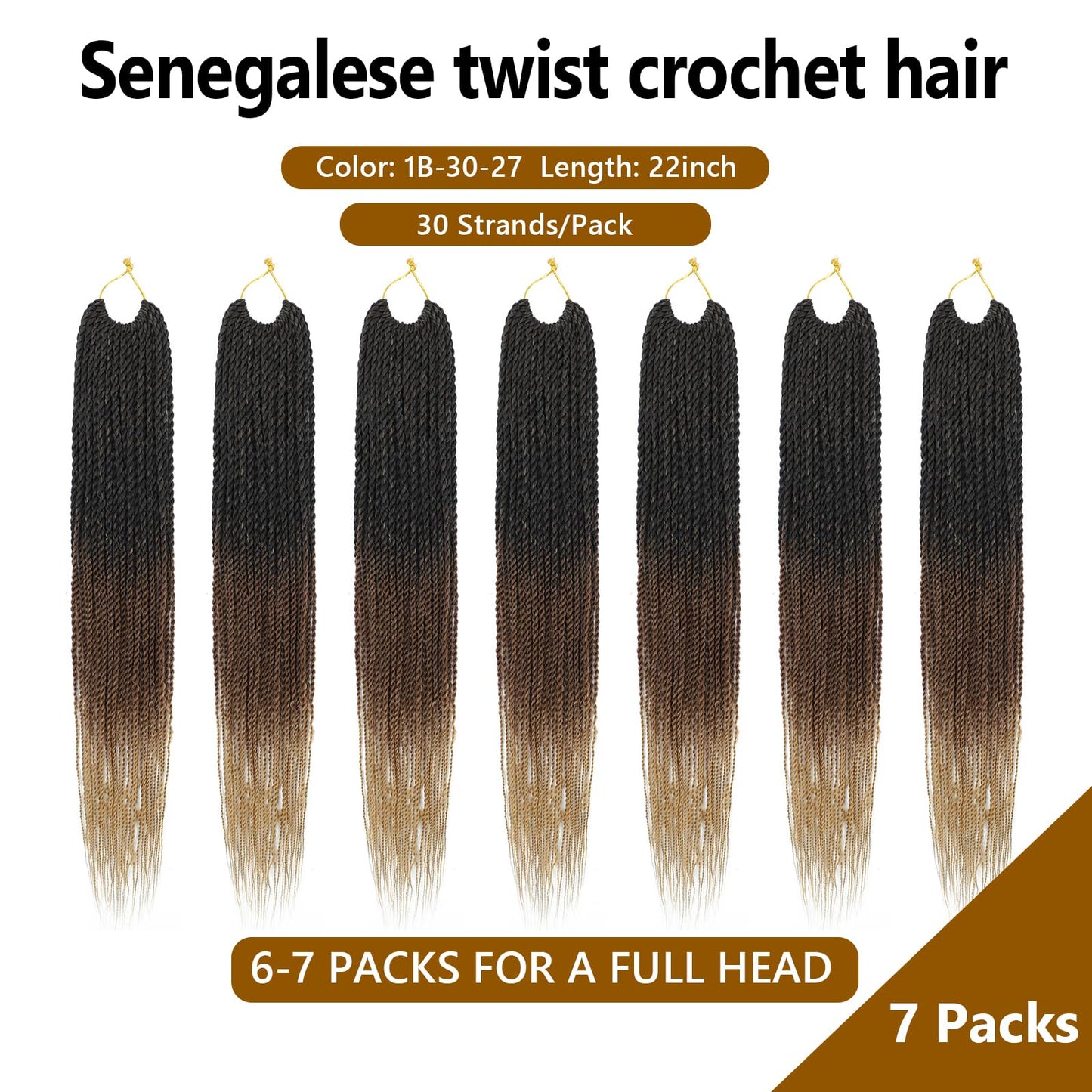 Senegalese Twist Crochet Hair 22 Inch 9 Packs Pre Looped Pretwisted Boho Goddess Twist for Black Women Natural Straight Ends Hot Water Setting Braids（1B/30/27)