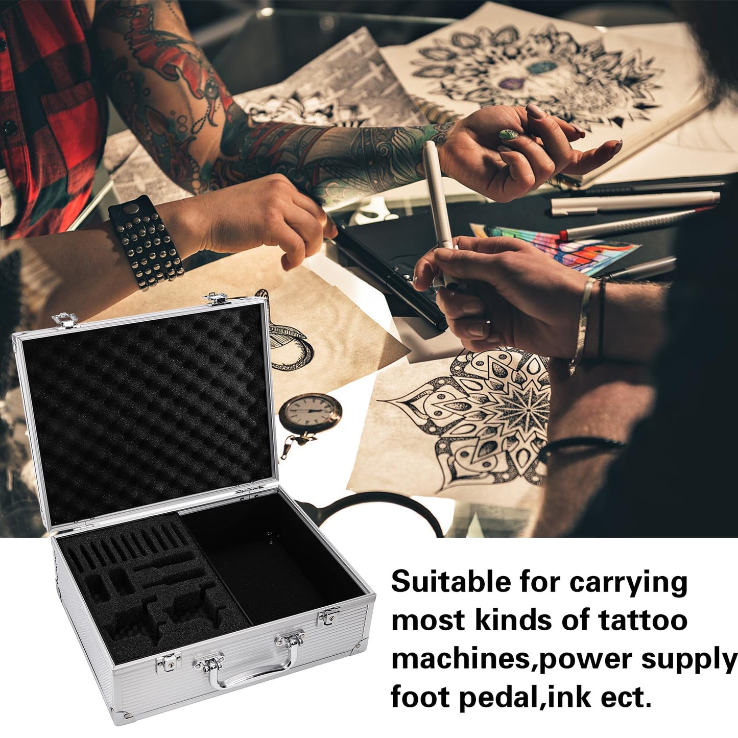 DEAYOU Tattoo Kit Box, Tattoo Machine Case with Lock Key and Sponge, Aluminum Alloy Tattoo Storage Organizer Carrying Case for Tattoo Equipment and Supplies, Makeup Tools, Travel, 12.2" x 9.4" x 5.1"