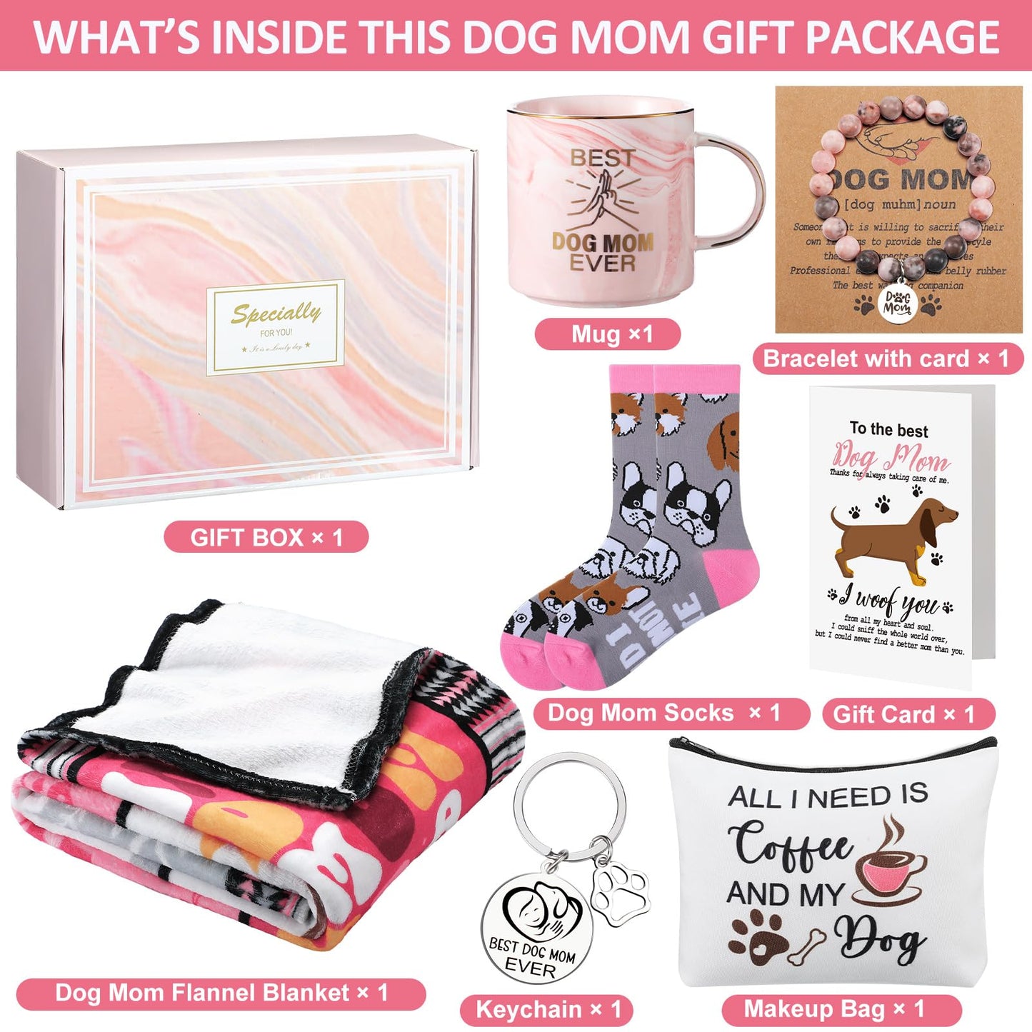 HunnmingRe 9 Pcs Dog Lover Mom Gifts for Women Novelty Fleece Blanket Blanket Socks Mug Cosmetic Bag Keychain Bracelet Cards Mother's Day Idea Gifts Box Set for Mom Birthday Basket Valentine's Day