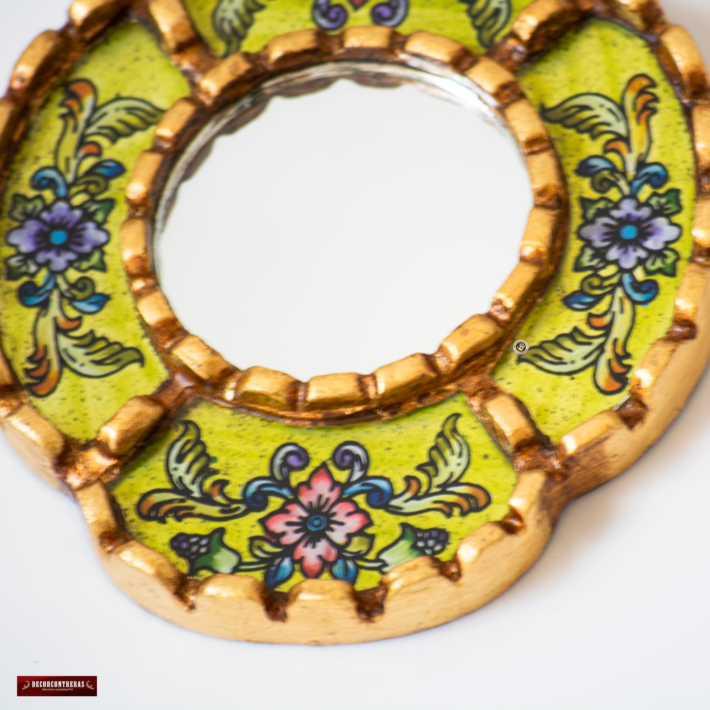 DecorContreras Small Oval Wall Mirror for Home Decor - Handmade Reverse Painted Glass Mirror with Frame Bronze Leaf from Peru