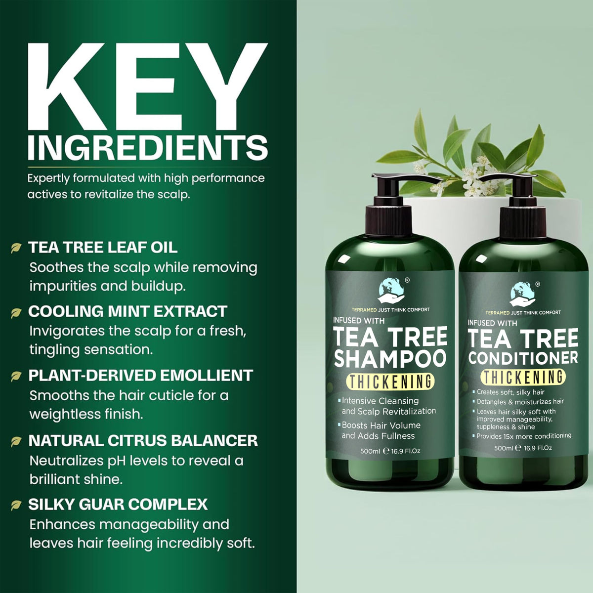 Tea Tree Shampoo & Conditioner Set | Clarifying Shampoo Provides Hair Growth | Itchy Scalp Treatment | Boosts Hair Growth For Men and Women & Reduces Hair Loss | Sulfate & Paraben Free