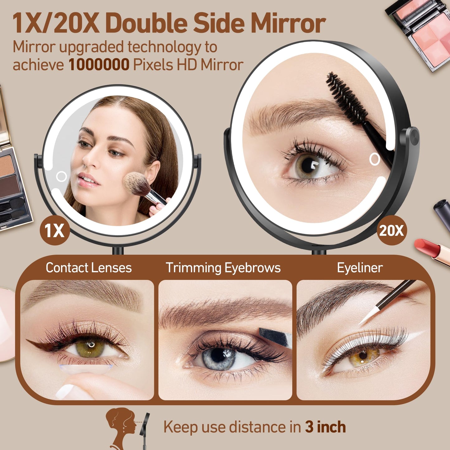 MOMOKUBA Magnifying Mirror with Light 20X, Height-Adjustable Lighted Makeup Mirror with Magnification, Double - Sided Aluminum Alloy LED Mirrors, 3 Lighting Modes Ideal for Bathroom Make-up, Black