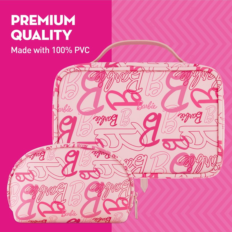 Concept One Barbie 2-Piece Women's Makeup Bag, Two Zipper Travel Cosmetic Zipper Pouch Organizer with Logo, Pink