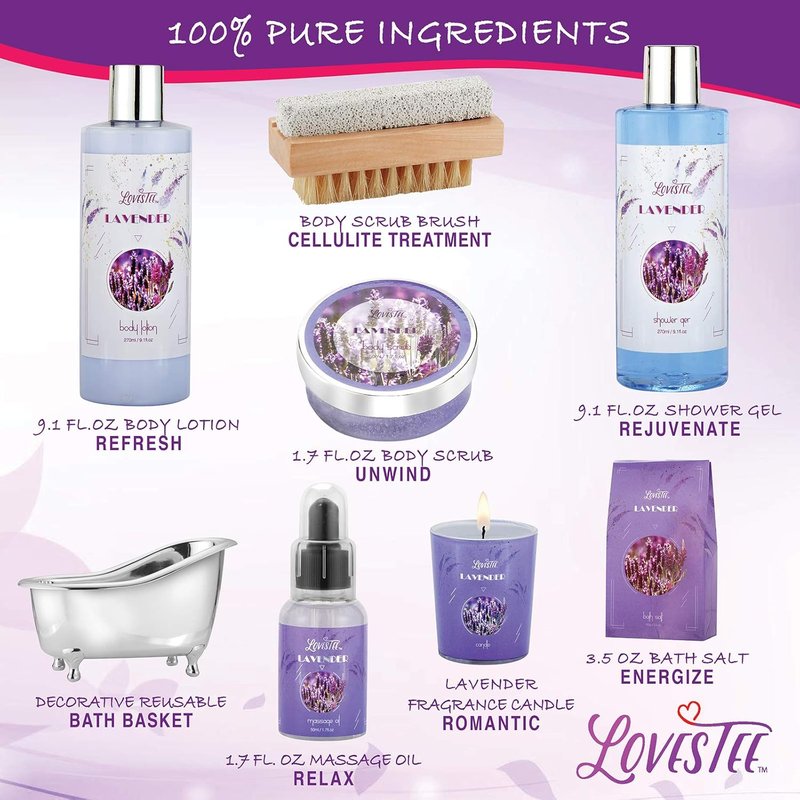 Lavender Spa Gift Basket - Relaxing Bath & Body Set for Women | Includes Candle, Essential Oil, Scrub & Lotion