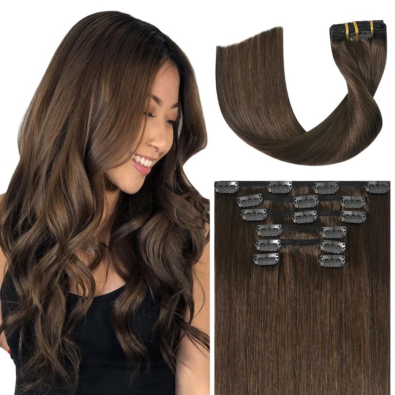 Ukira Medium Brown Hair Extensions Real Human Hair, 15 Inch 75g 7pcs Brown Clip in Hair Extensions Real Human Hair, Soft Natural Straight Remy Human Hair Clip in Extensions for Women
