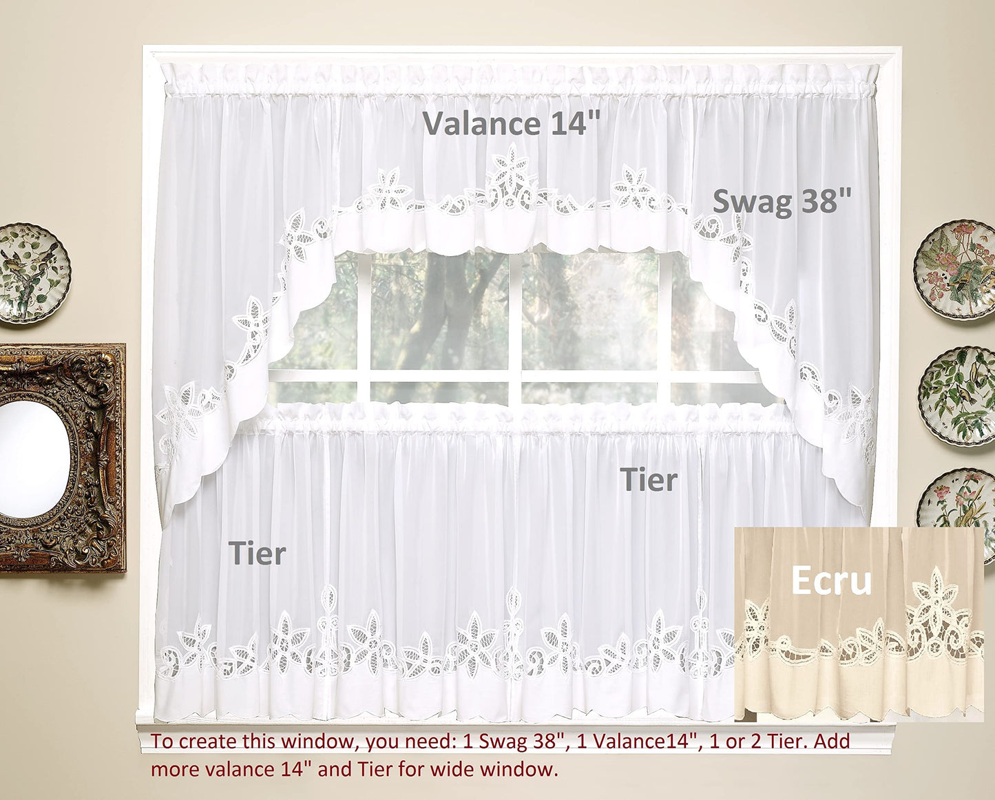 Today's Curtain Plymouth Classic Battenburg Applique Sheer Window Tier, 30-Inch, Ecru