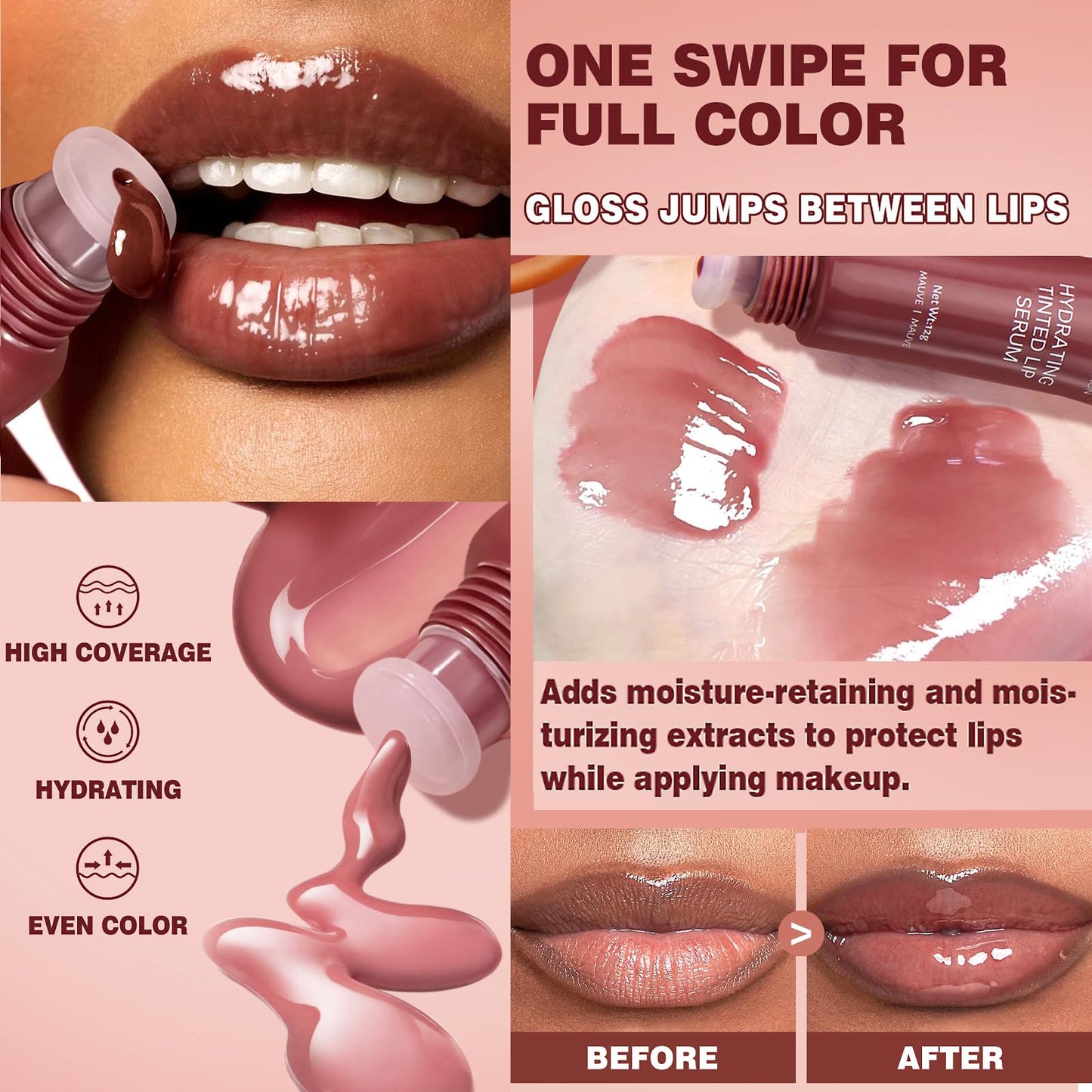 LuckNest Tinted Lip Serum Gloss – Hydrating Lip Plumper with Natural Shine, Nourishing Hydration with Polypeptide Non-Sticky, Long-Lasting Color, Moisturizing Lip Makeup (6Pcs)