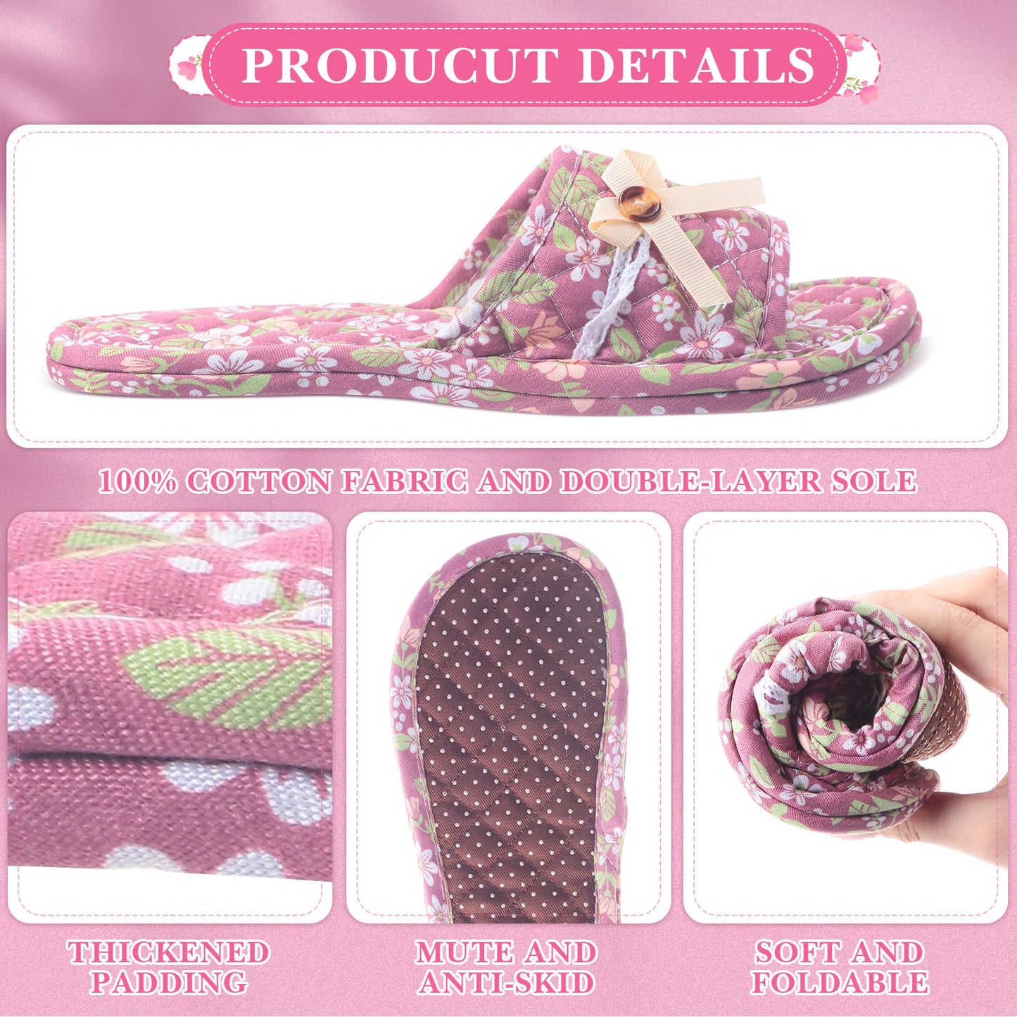 Breathffy 6 Pairs Floral Cotton House Slippers for Women, Soft Open Toe Guest Slippers Washable Foldable, Indoor Hotel Spa Travel Slipper for Women Size 35-39