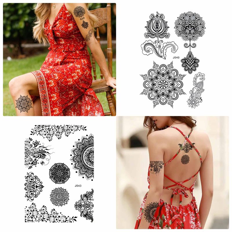 Temporary Tattoos for Women 6 Pack Henna Tattoo Stickers for Adults Women & Girls Metallic Black Lace Body Art Large Big Arm