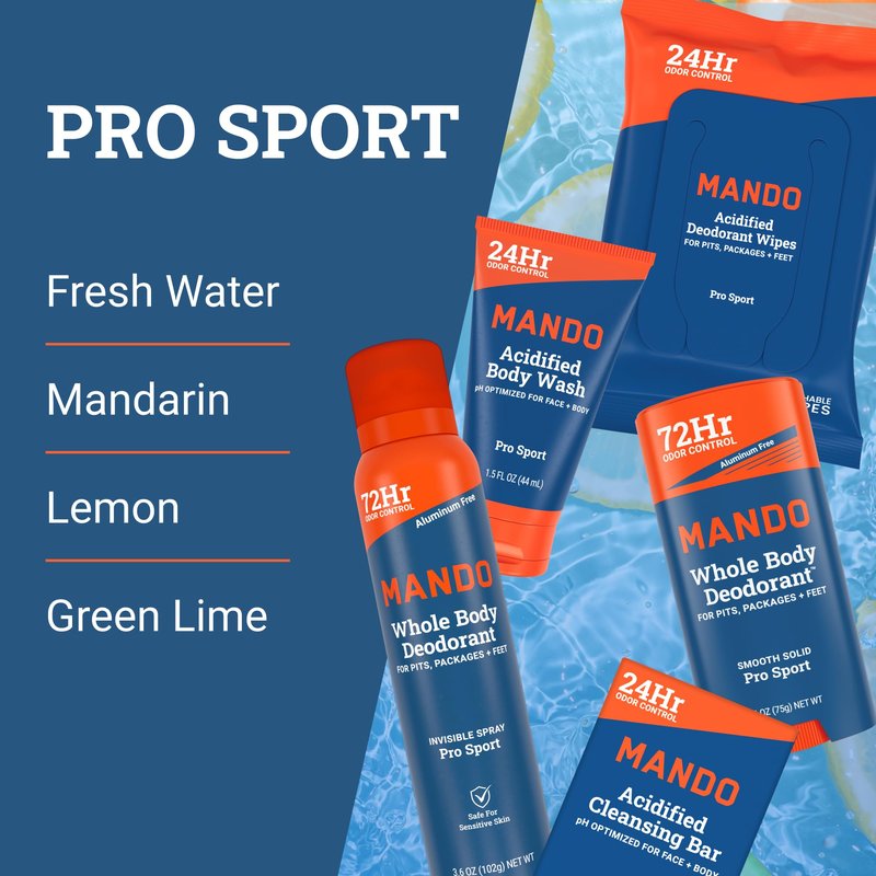 Mando Whole Body Starter Kit - 2.6oz Solid Stick, 3.6oz Spray, 1.5oz Acidified Body Wash, 5oz Acidified Cleansing Bar, 15ct Deodorant Wipes - Aluminum Free Odor Control - 5 Piece Bundle (Pro Sport)