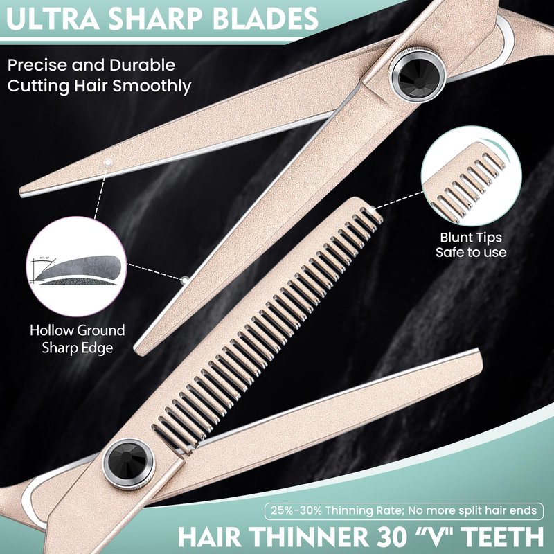 Dragon Creek Hair Cutting Thinning Scissors Set Haircut Texturizing Blending Hairdressing Shear Kit Professional for Stylist, Hairdresser, Men, Women, Kids Salon Barber Home Rose Gold 9pcs 6"