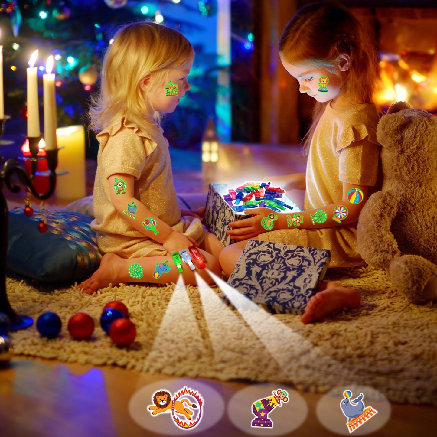 72 PCS Carnival Party Favors – 48 PCS Luminous Tattoos & 24 PCS LED Finger Lights Combo – Birthday Goodie Bag Fillers, Party Supplies, Gifts Light Up Toys Glow In The Dark for Boys and Girls