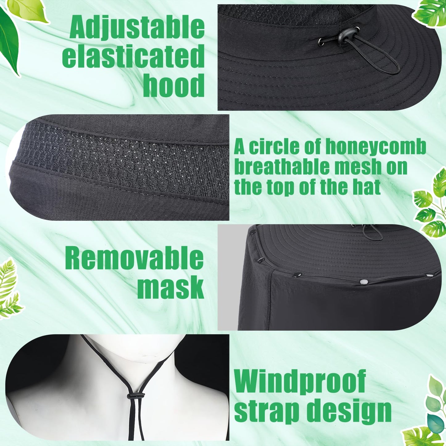 Chuarry Wide Brim Sun Hat with 2 Fan Outdoor Solar Powered USB Charging Fishing Hat with Neck Flap for Men Women(Black)
