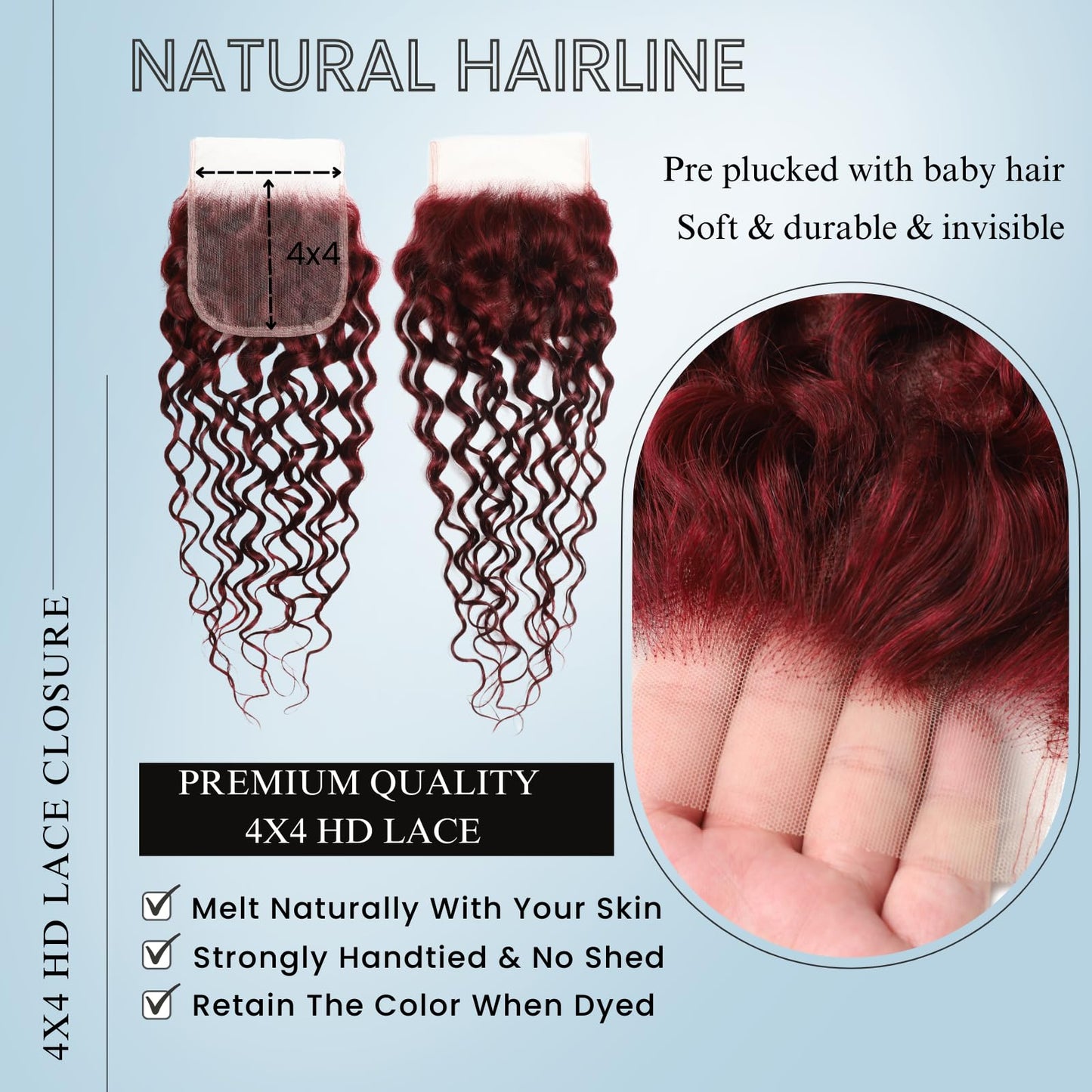 ALHER #99J Dark Red Burgundy Water Wave 2x6 HD Lace Closure Water Wave, 12A Invisible Single Knot Pre-Plucked Brazilian Human Hair Lace Closure Wet n Wavy Middle Part Baby Hair (150% Density, 12 Inch)