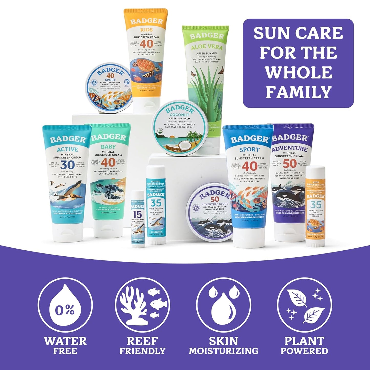Badger Reef Safe Mineral Sunscreen SPF 50 - 98% Organic Zinc Oxide, Non-Toxic, Water Resistant | 2.4 oz Tin (2 Pack)