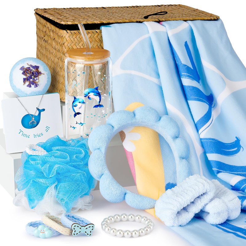 Golray Beach Gifts for Women, Self Care Spa Gift Set for Women with Beach Towel, Glass Cup, Bath Bombs & Hair Accessories, Christmas Blue Gift Basket for Her, Girlfriend, Sister, Mom, Friends