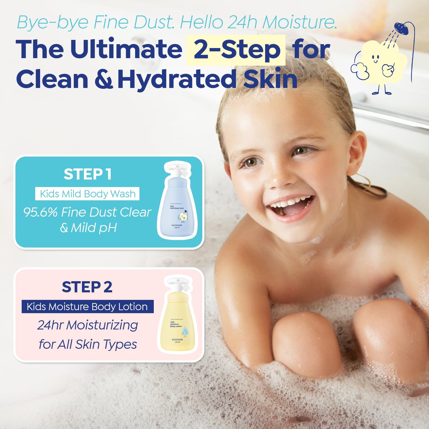 GOONGBE Kids' Moisture Body Lotion - Korean Kids Daily Body Moisturizer - Long Lasting 24hr Hydrating Cream Type Lotion with Cica and Squalane - Allergen Free Scent, 2.7 fl.oz. 2 Pack
