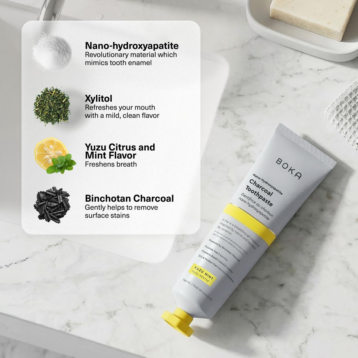 Boka Fluoride Free Toothpaste, Nano Hydroxyapatite Toothpaste, Appropriate for Sensitive Teeth - for Adult Oral Care - Charcoal Yuzu Mint Flavor, 4 Fl Oz 1Pk