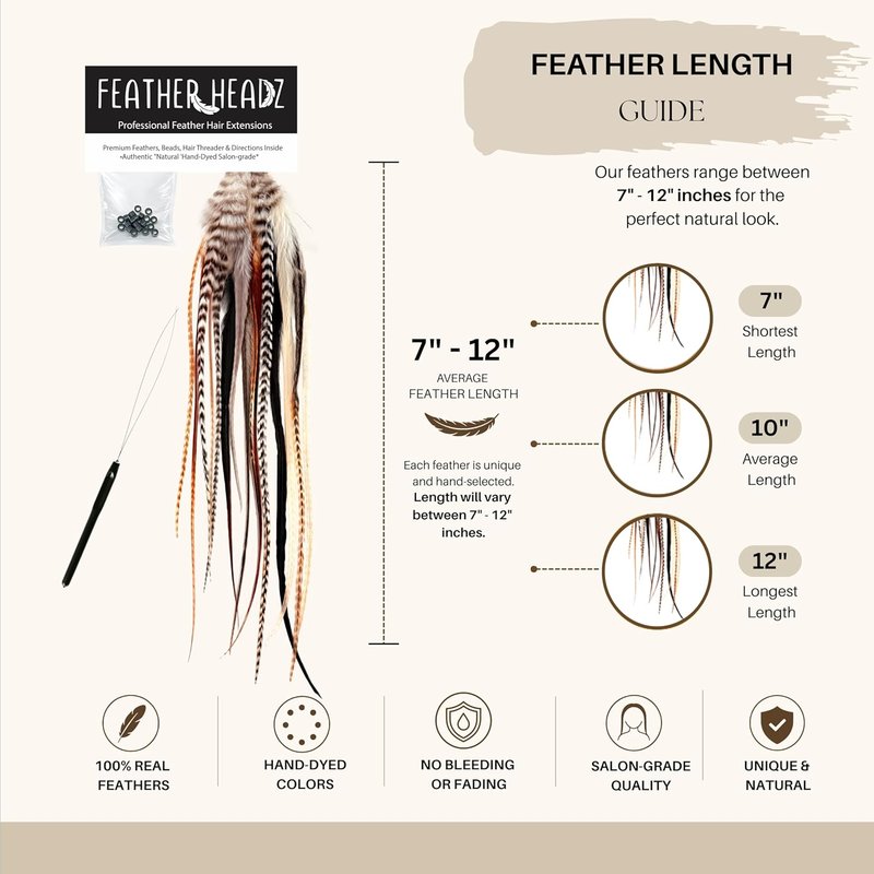 Natural Fluffy Hair Feathers | 15 Colorful Extensions - 7” to 12” Long - DIY Kit with 20 Micro-Link Beads - 100% Real Rooster Feathers