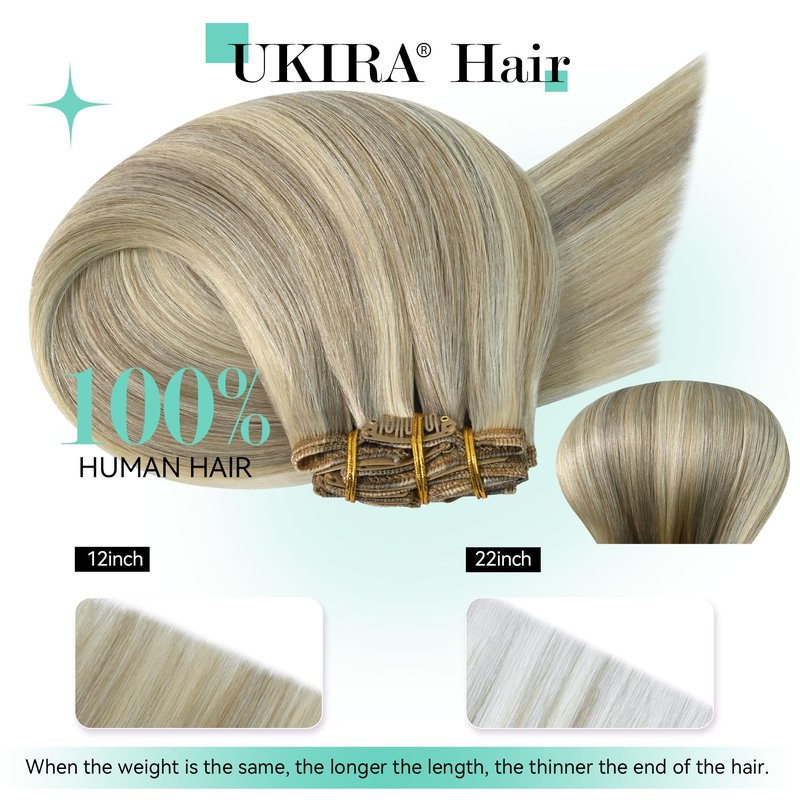 Ukira Ash Blonde Hair Extensions Clip in Real Human Hair, 12 Inch 75g 7pcs 18/613 Mixed Bleach Blonde Clip in Hair Extensions Real Human Hair, Natural Straight Remy Human Hair Clip ins for Women