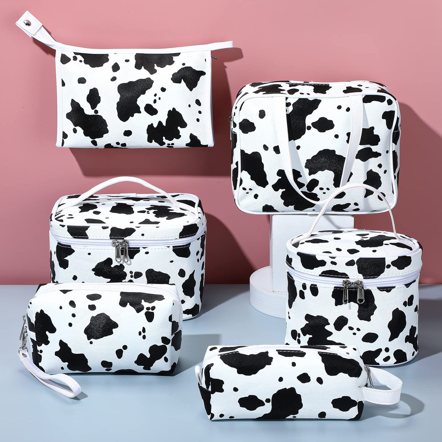 Saintrygo Set of 6 Makeup Bag Set Travel Cosmetic Bag Cow Print Toiletry Pouch Gifts for Women Organizer with Zipper Portable Cute Make up PU Leather Case Washable Waterproof