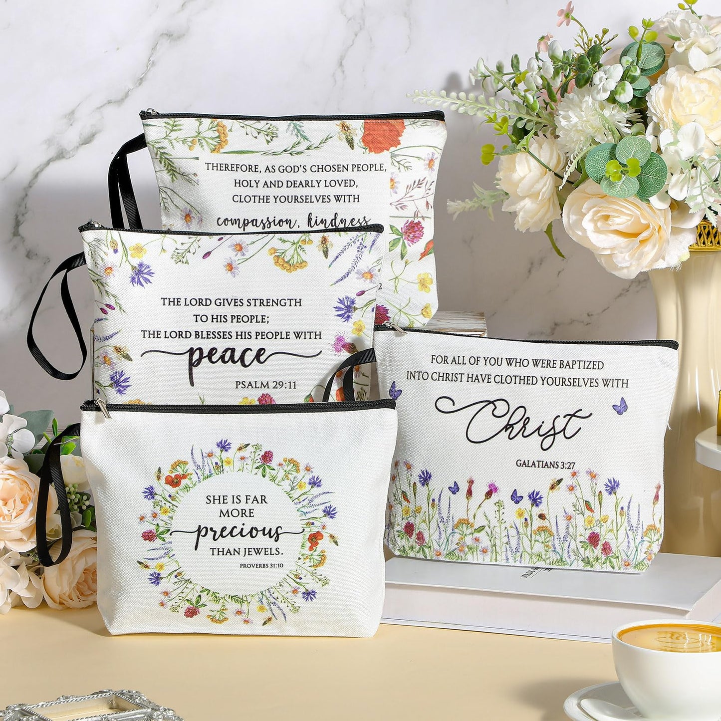 Talltalk 20 Pcs Christian Makeup Bags 10 Styles Bible Cosmetic Bags Bulk Bible Cover Floral Makeup Bag with Handle Inspirational Christian Religious Gifts for Women Godmother Church VBS Gifts