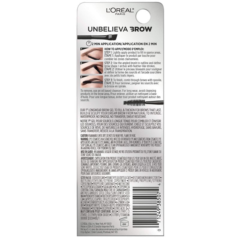 L'Oreal Paris Unbelieva-Brow Longwear Waterproof Tinted Brow Gel, Smudge-resistant, Transfer- Proof, Quick Drying, Easy and quick application with precise brush, Black, 0.15 fl. oz.