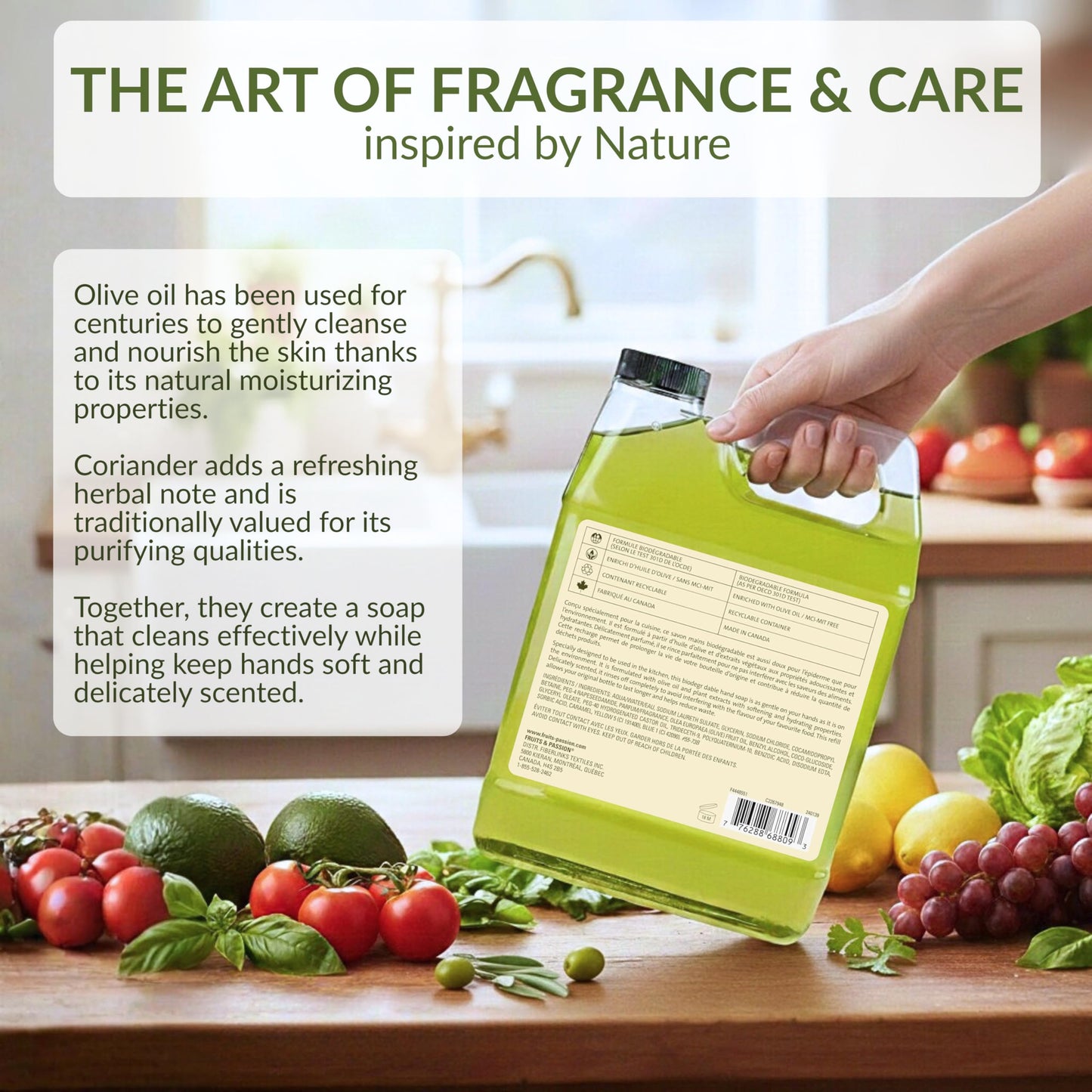 Cucina Fruits & Passion Hand Soap Refill, Coriander & Olive Tree, 1 L (33.8 fl oz), Liquid Hand Soap with Moisturizing Olive Oil, Biodegradable, Vegan Formula, Kitchen & Bathroom