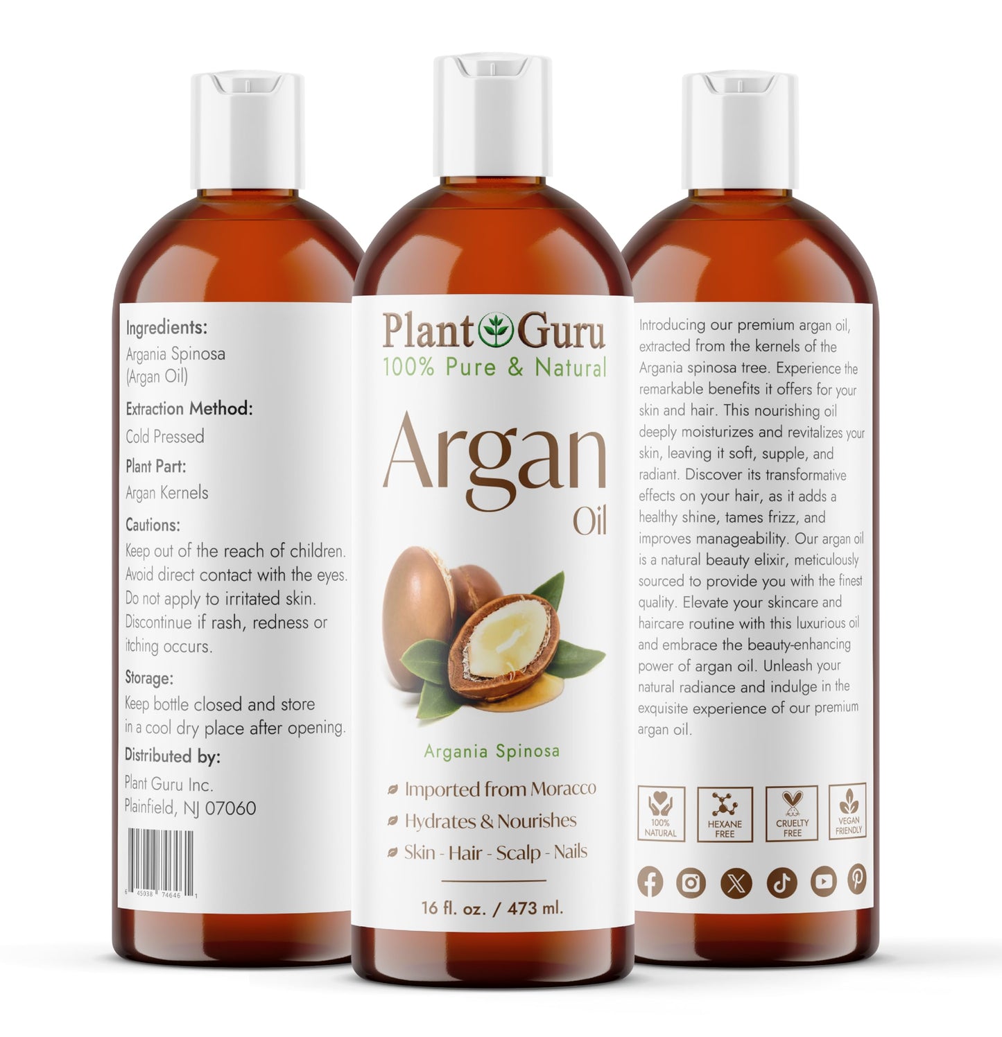 Plant Guru Argan Oil 16 fl. oz. Morocco Virgin, Cold Pressed 100% Pure Natural - Stimulates Hair Growth, Skin, Face And Body Moisturizer.