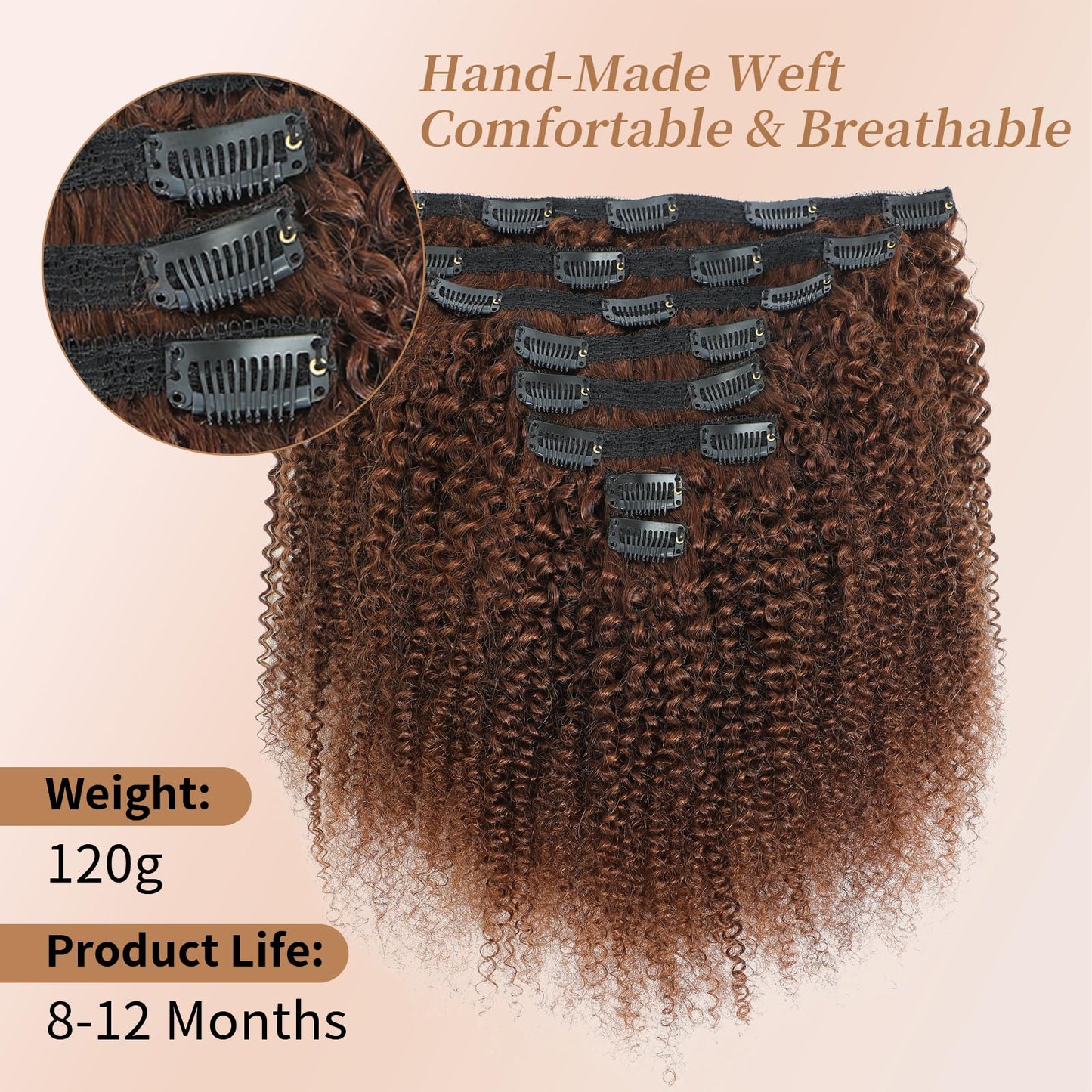Afro Kinky Curly Clip Ins Human Hair 4C Hair Clip in Extensions Real Natural Human Hair for Black Women 8 pecs with 20 Clips 120g Dark Brown Color 12 Inch