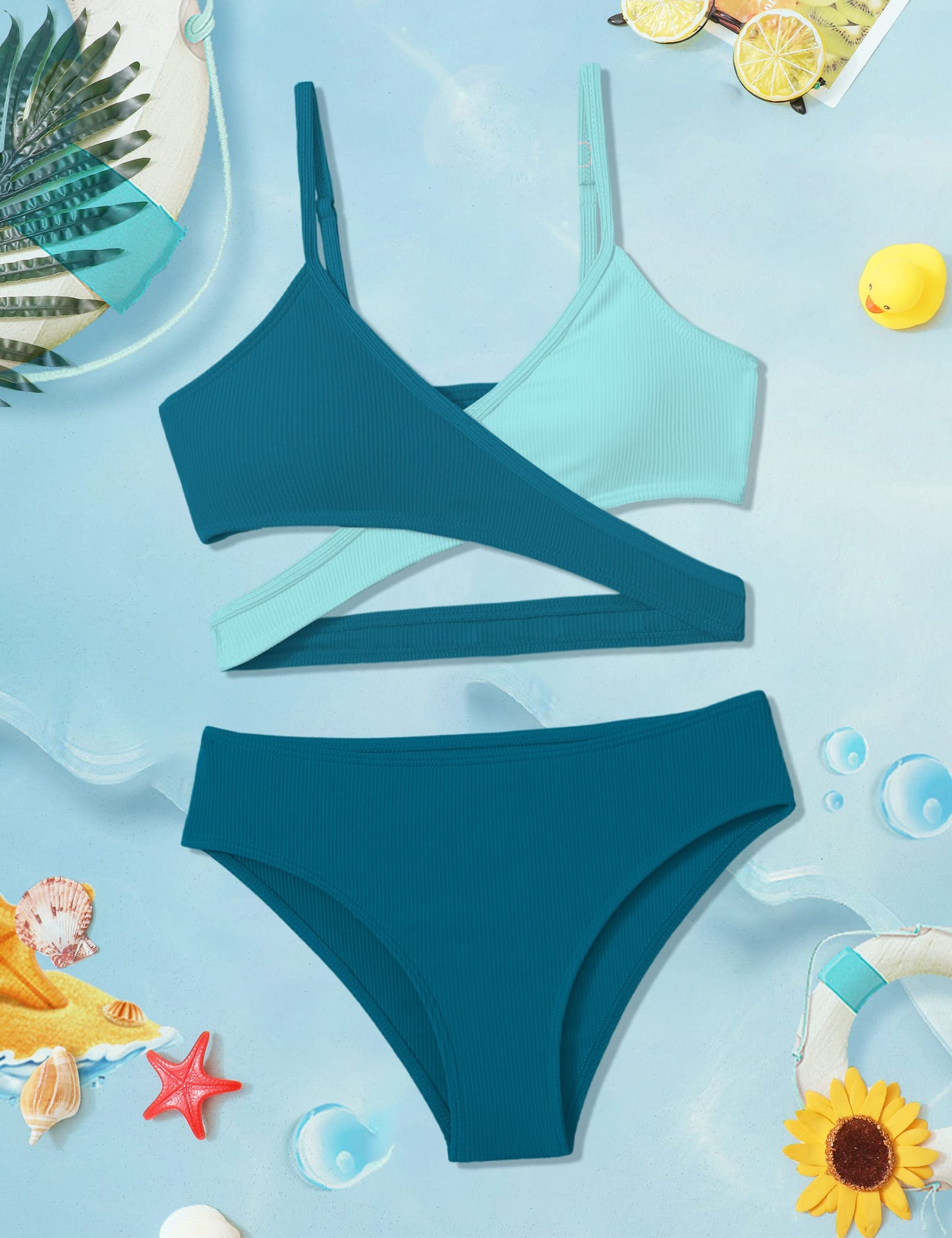Aulyffo Girls Bathing Suits Size 10-12 Girl Swimsuits Size 10-12 Two Piece Criss Cross Bikini V-Neck Adjustable Shoulder Straps Girls' Swimwear Blue