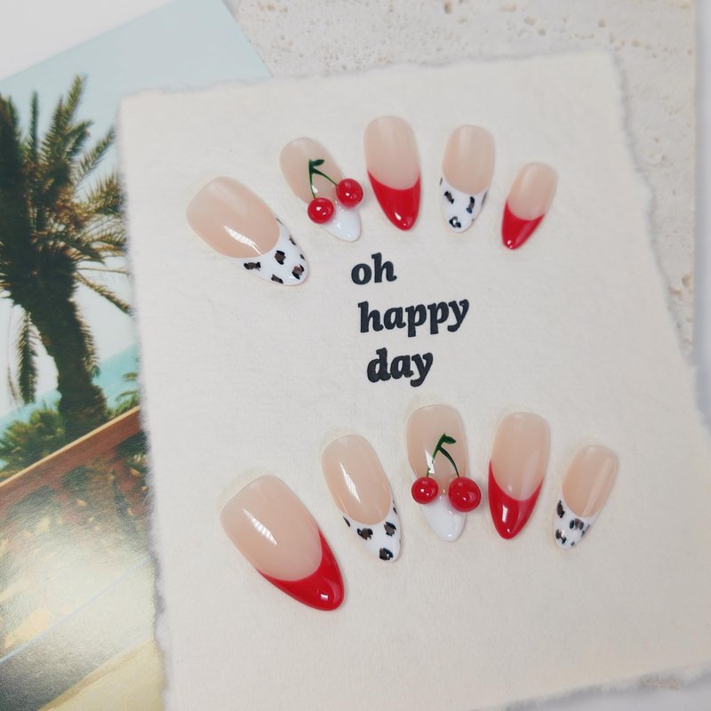Almond Press on Nails Handmade Medium Long/Stiletto 3D Flower Fake Nail with Designs, Women Reusable False Nails (Cherry Leopard French, M)