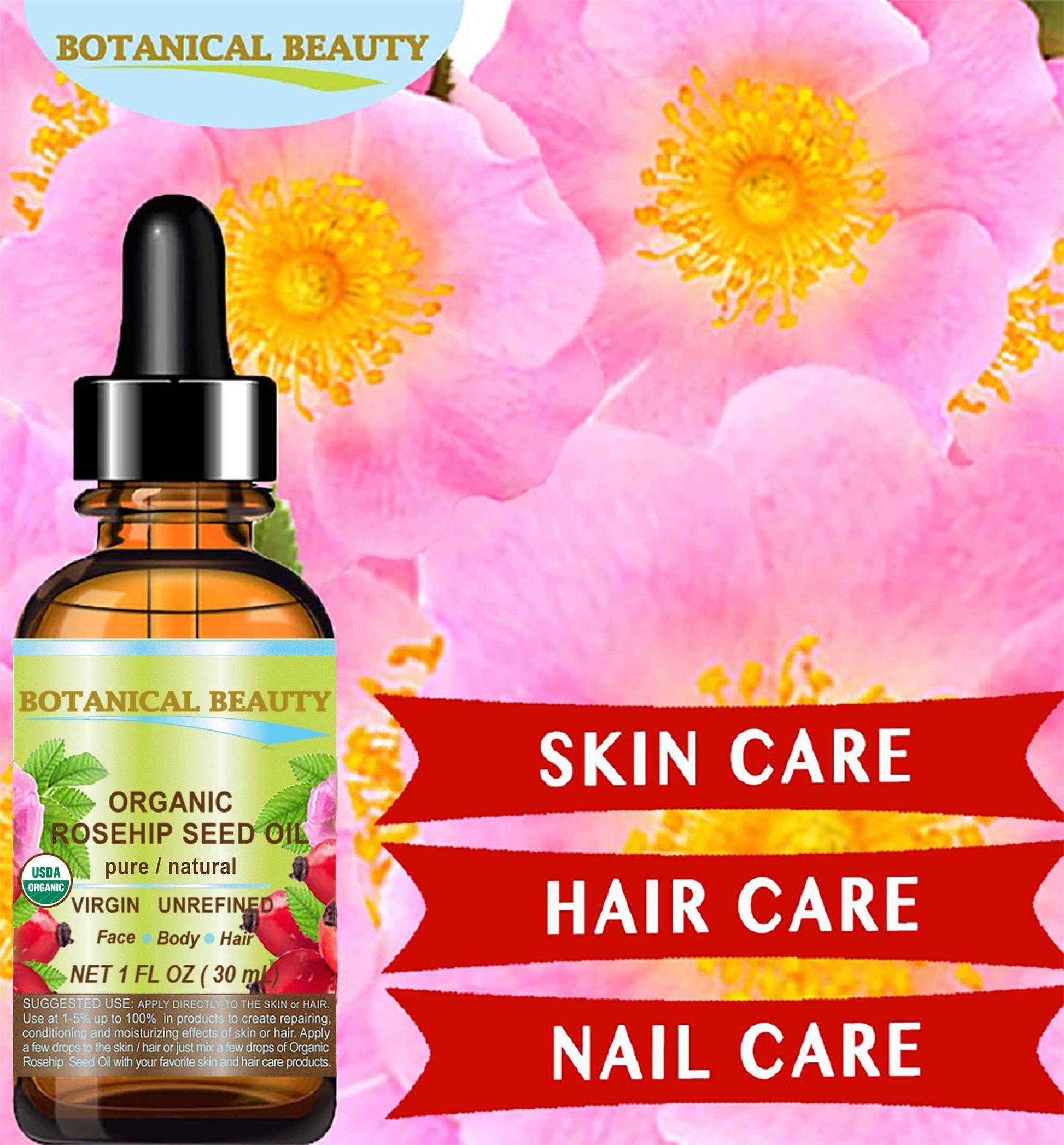 Botanical Beauty Organic ROSEHIP SEED OIL 100% Pure Natural Virgin Unrefined Cold-pressed Carrier Oil 1 Fl Oz 30 ml For Face, Skin, Body, Hair, Lip, Nails, Rich in vitamin C, Vitamin E, Anti-Aging