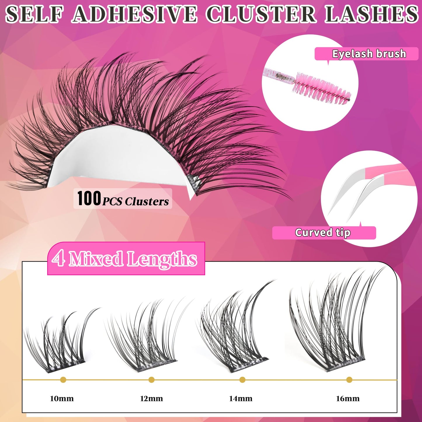 Self Adhesive Eyelashes Clusters Wispy Eyelash Extension Self Adhesive Eyelashes Reusable Press on Lashes No Glue Needed lash Clusters 10-16mm D Curl Individual Lashes Extensions with Tweezers