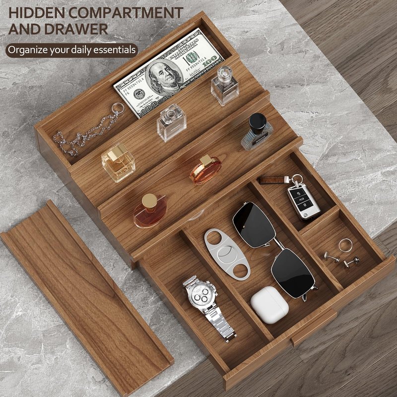 Hrbjunuo Solid Walnut Cologne Organizer for Men, 3 Tier Cologne Stand, Wooden Cologne Holder Display Shelf with Drawer Storage and Hidden Compartment, Perfume Stand Organizer, Gift for Men Dad Husband