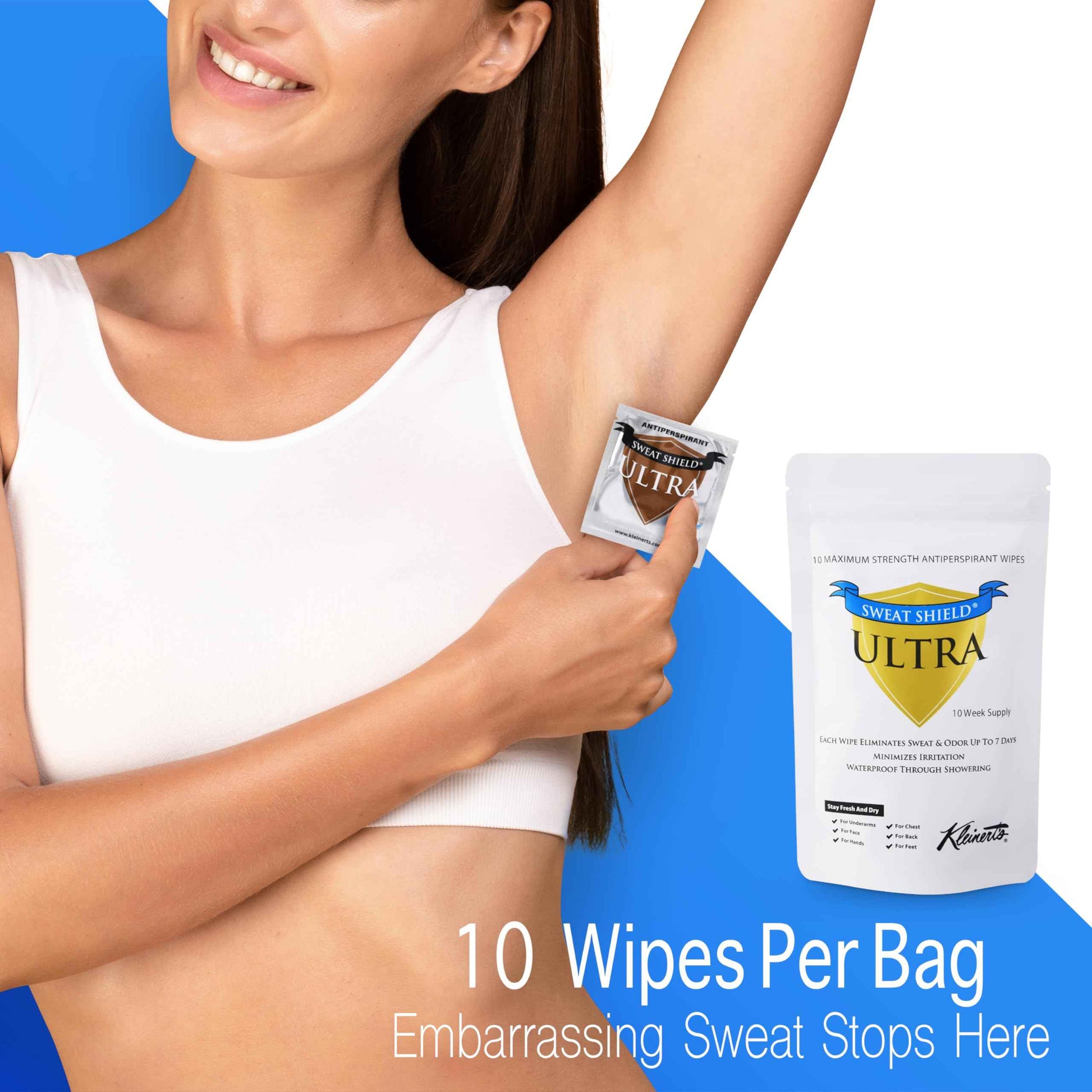 Sweat Shield Ultra Antiperspirant Wipes - Reduce Sweat Up To 7 Days Per Wipe (Pack of 10). Clinical Strength. Dermatologist Recommended.