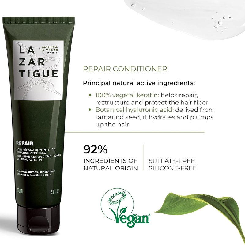 Lazartigue Repair Conditioner - Vegan Keratin & Hyaluronic Acid for Damaged Hair | Sulfate & Silicone Free