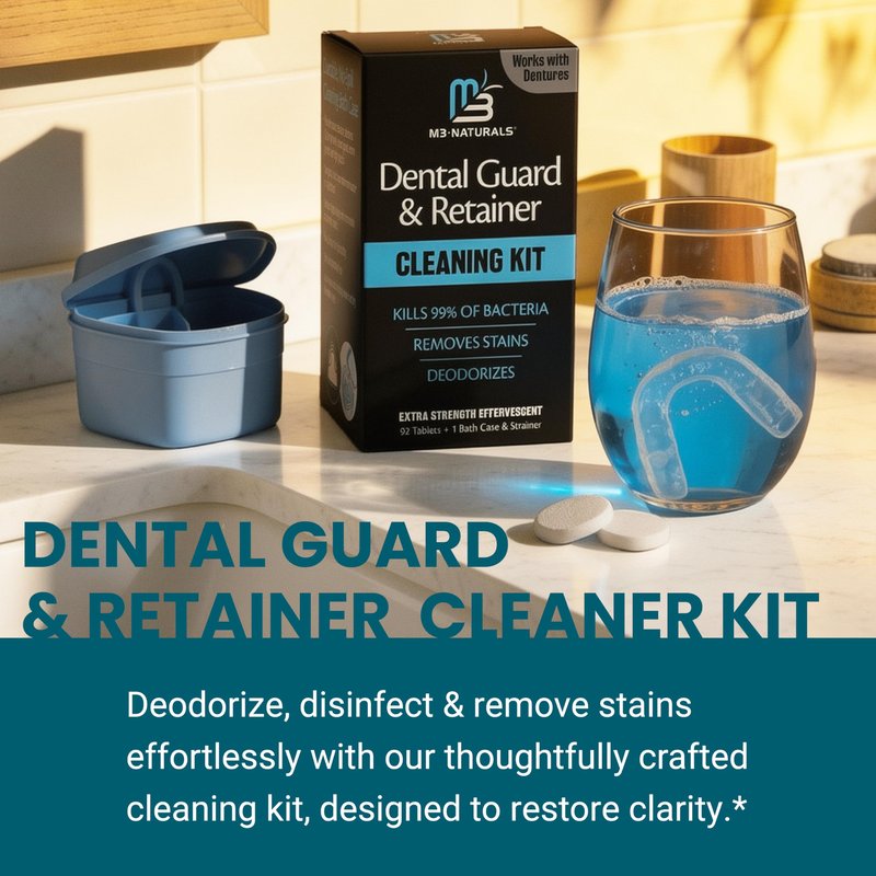 Retainer Cleaner and Soak Container, No-Mess Cleaning Tablets with Universal Denture Bath Case and Strainer, Multipurpose, for Mouth Guard Stains, Odor, and Plaque (92 Tablets + 1 Bath) by M3