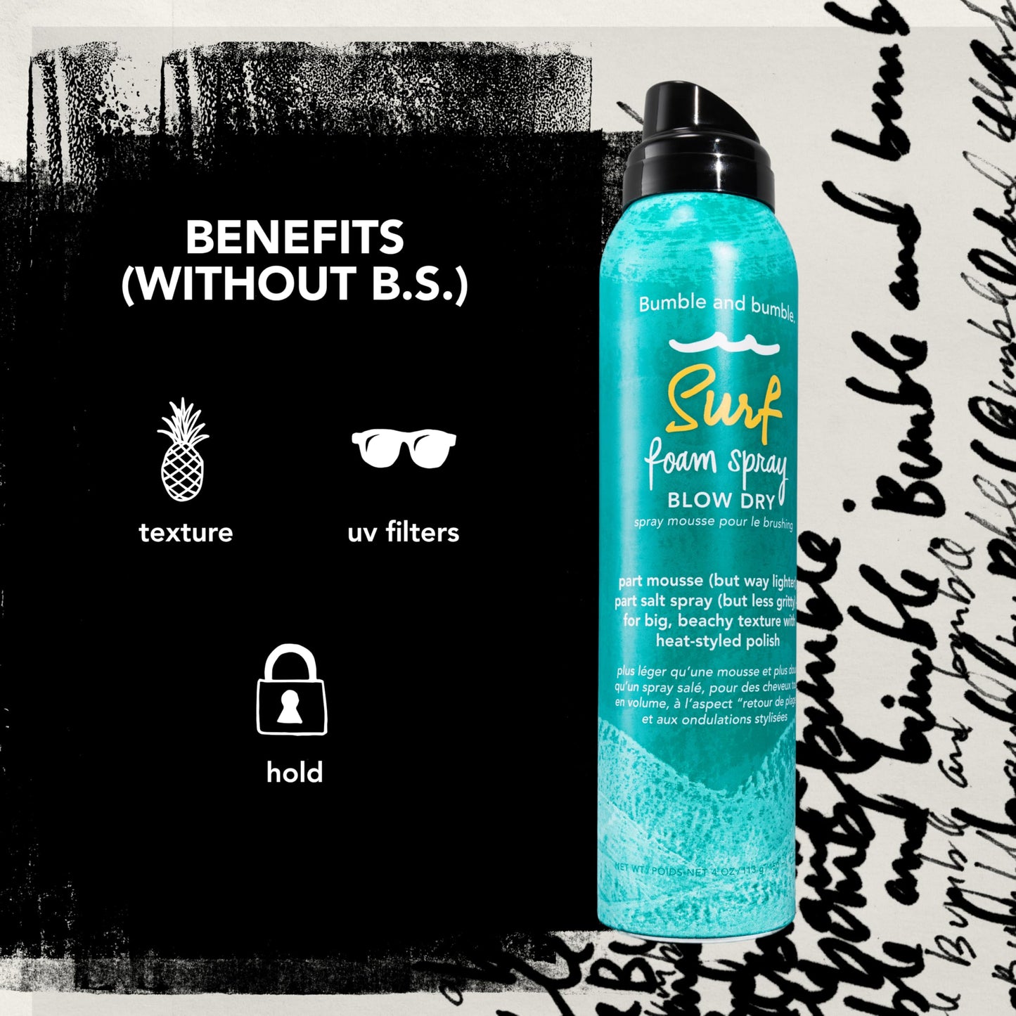 Bumble and bumble. Surf Foam Spray Blow Dry Hair Lightweight Volume Mousse | Adds Beachy Texture + Hold | UV Protection| For Fine to Medium Wavy, Straight Hair Types, 4 Ounce