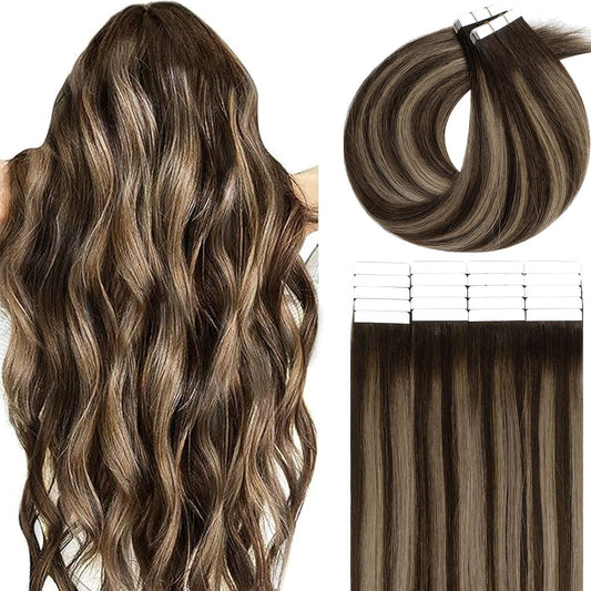 Lacer Dark Brown Tape in Hair Extensions Human Hair 18 Inch Rooted Dark Brown to Chestnut Brown Highlight Silky Straight Seamless Double Sided Tape in Extensions 50g 20pcs