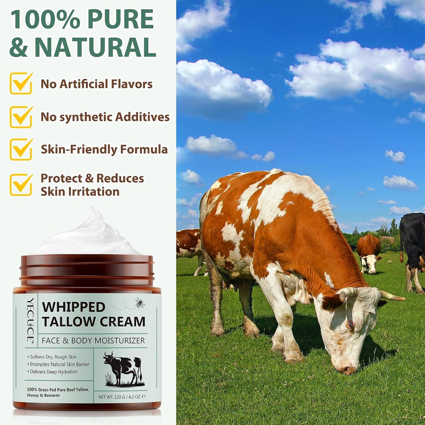 Whipped Beef Tallow Skin Face Moisturizer - Organic Grass-Fed Tallow with Honey Cream | Unscented, 2-Pack