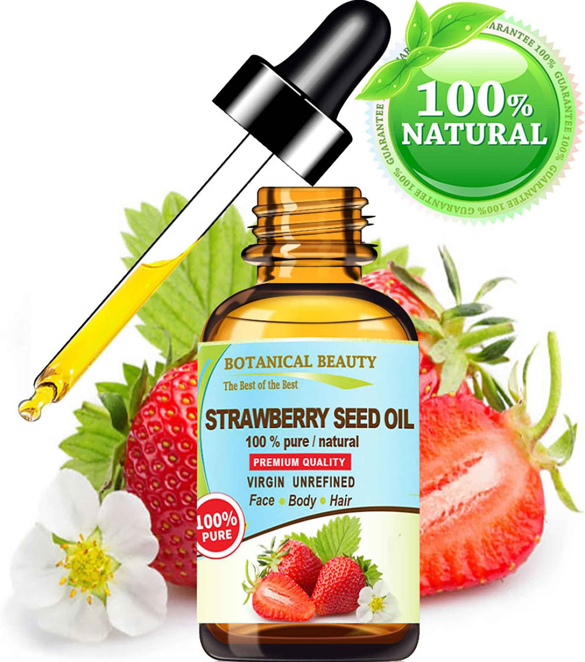 Botanical Beauty STRAWBERRY SEED OIL. 100% Pure Natural Virgin Unrefined Cold Pressed Carrier Oil 0.5 Fl Oz- 15 ml. for FACE, SKIN, BODY, DAMAGED HAIR, NAILS. Rich in Omega-3, Vitamin C, Vitamin E