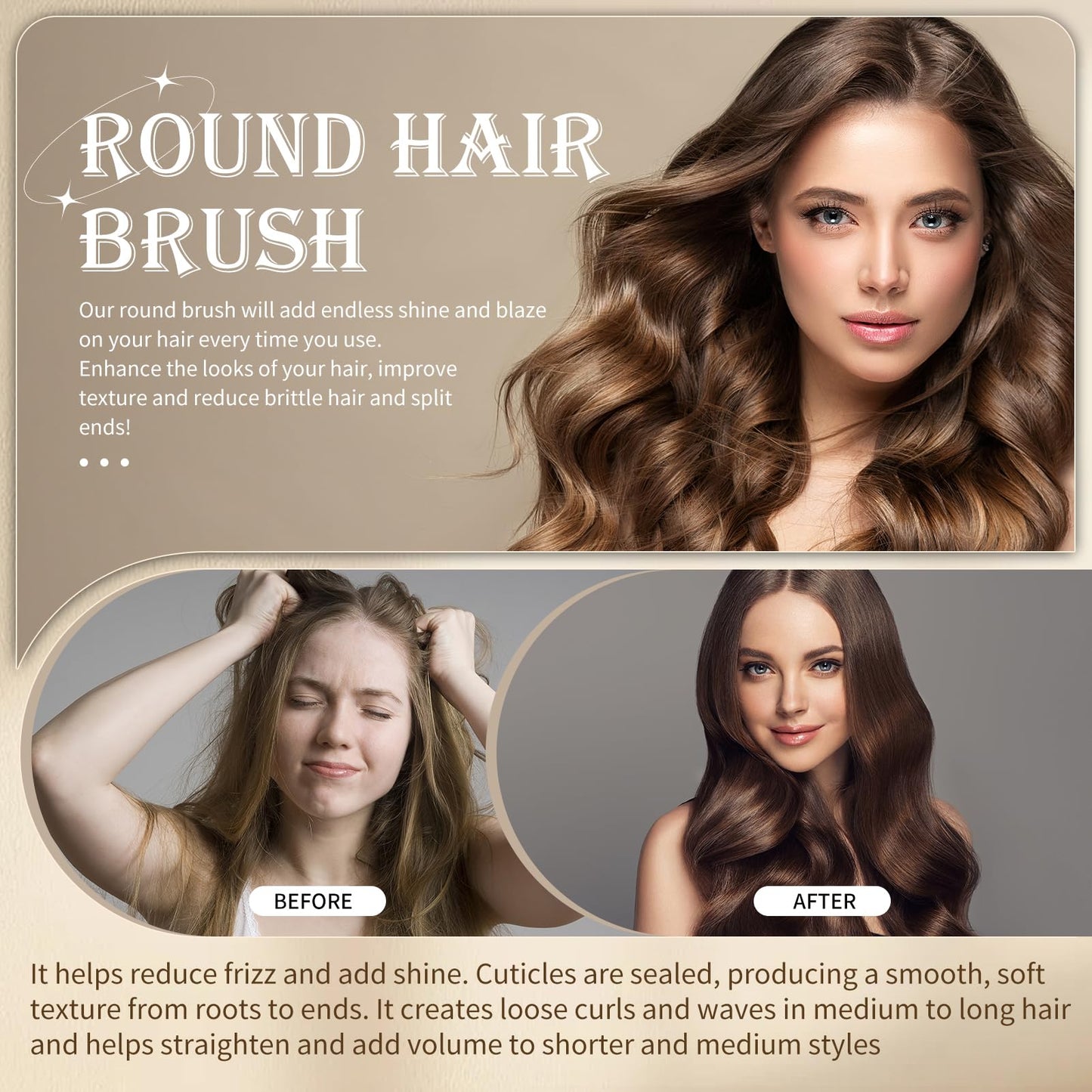4-Piece Round Hair Brush For Blow Drying, Blow Drying & Styling Roller Brush for Blow Drying, for Women, Volume & Shine, Brown, Hair Brush for Thick Hair