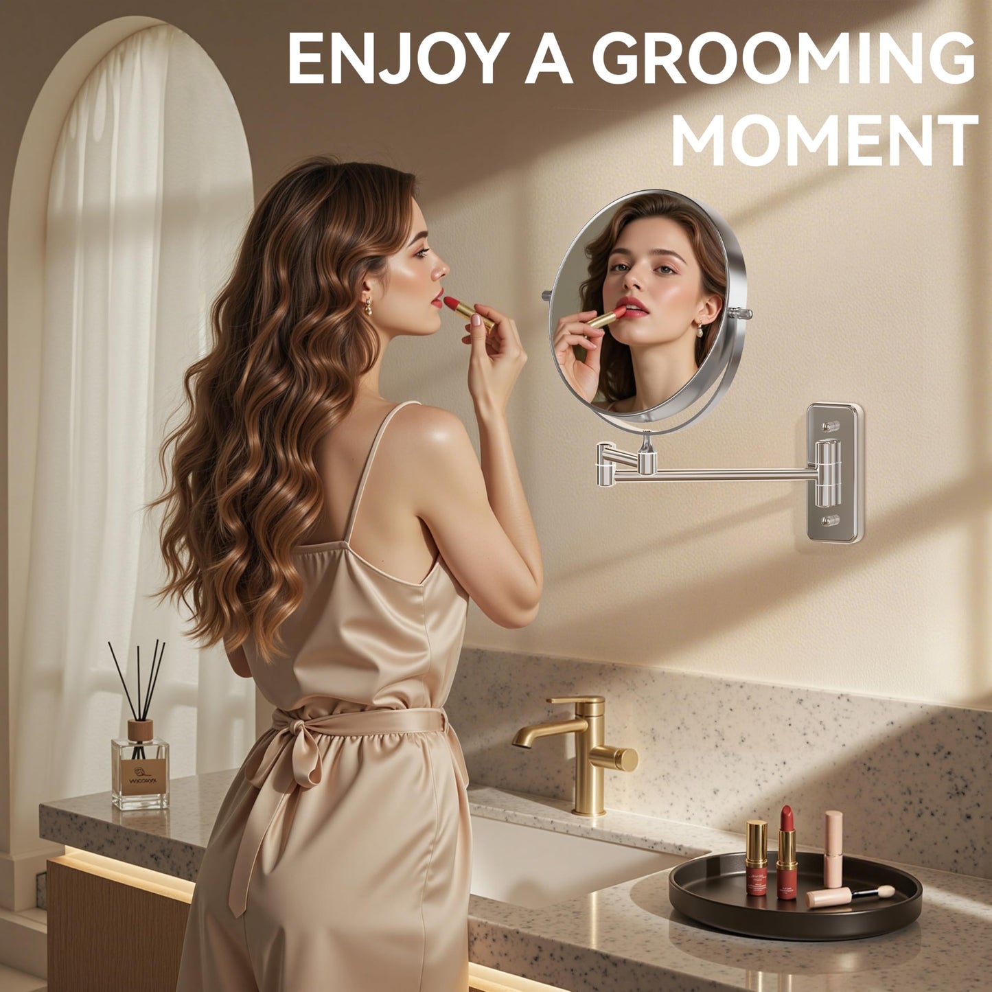 Auxmir 8'' Wall Mounted Makeup Mirror, 1X/30X Double-Sided Magnifying Mirror with Tweezer, HD Bathroom Makeup Mirror, Cosmetic Vanity Mirror with 360 Rotation Extendable Swivel Arm, Chrome